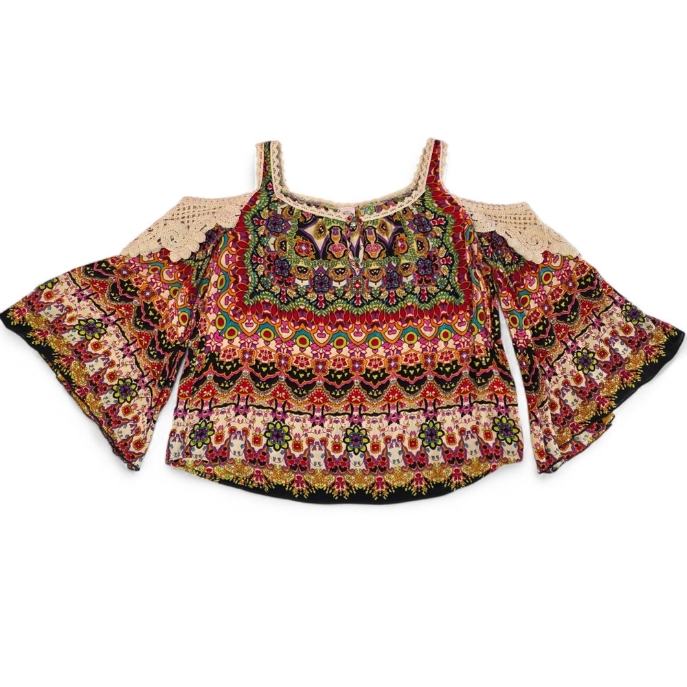 Boho Festival Cold Shoulder Crochet Psychadelic Top Bell Sleeve Hippie Small